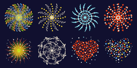 Firework different shapes colorful festive heart bright carnival or birthday design for brochures poster, wrapping paper, greeting card vector illustration.のイラスト素材
