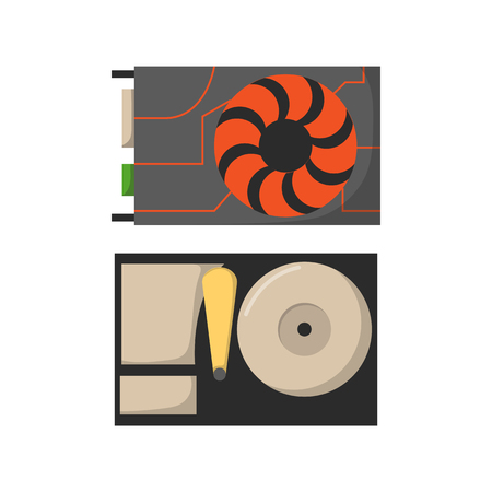 Video card with three outputs computer technology equipment graphics digital tool and semiconductor vga black video card vector illustration.のイラスト素材