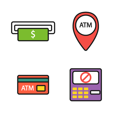 ATM pos-terminal with hand credit card icons payment transfer mobile service and automatic terminal money currency cash sign banking dollar machine vector illustration.のイラスト素材