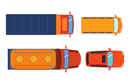 Overhead top view on colorful car toys different pickup automobile transport and collection wheel transportation design vector illustration.のイラスト素材
