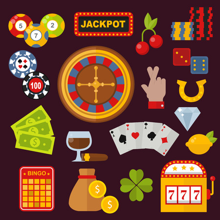 Casino icons set with roulette gambler joker slot machine isolated on white vector illustration.のイラスト素材
