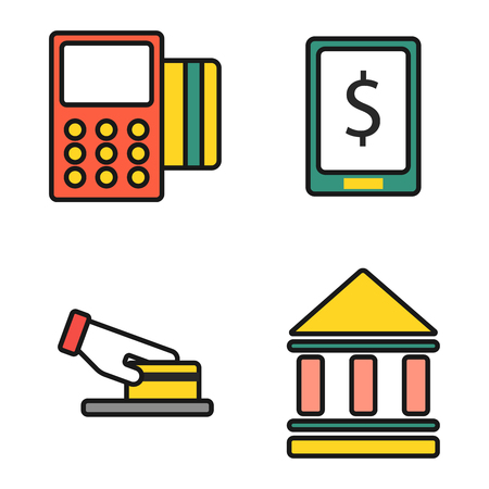 ATM pos-terminal with hand credit card icons payment transfer mobile service and automatic terminal money currency cash sign banking dollar machine vector illustration.のイラスト素材