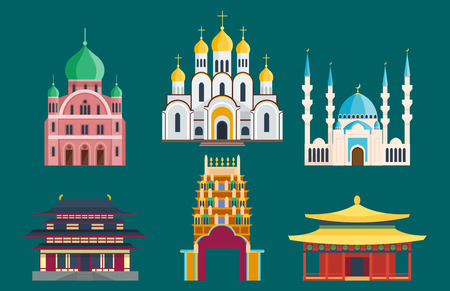 Cathedral churche temple building landmark tourism world religions and famous structure traditional city ancient old tower vector illustration.のイラスト素材