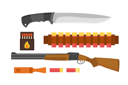 Set of vintage hunting symbols camping objects design elements flat style hunter weapons and forest wild other outfit isolated vector illustration.のイラスト素材