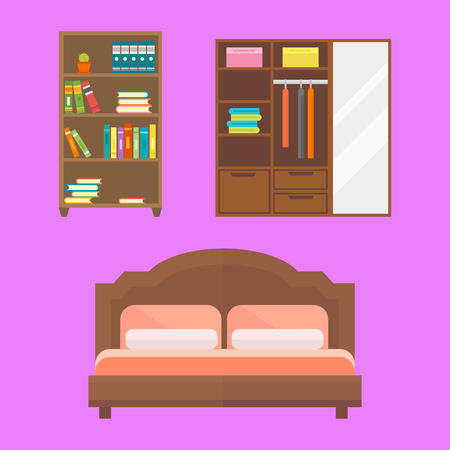 Furniture home decor icon set indoor cabinet interior room library office bookshelf modern restroom silhouette decoration vector illustrationのイラスト素材