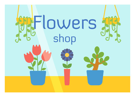 Flat design flowers shop facade icon store modern awning architecture window exterior and market front urban business showcase house vector illustration.のイラスト素材