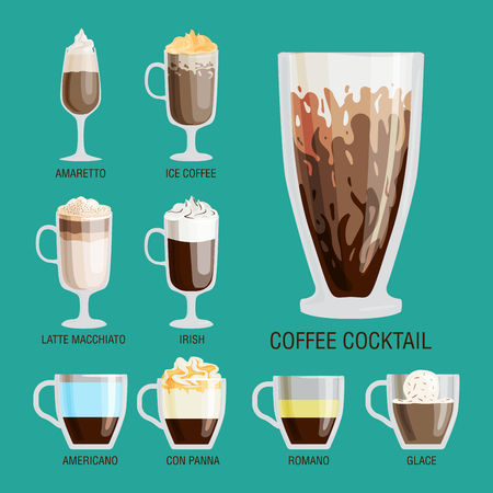Set of different transparent cups of coffee types mug with foam beverage and breakfast morning sign tasty aromatic glass assortment vector illustration.のイラスト素材