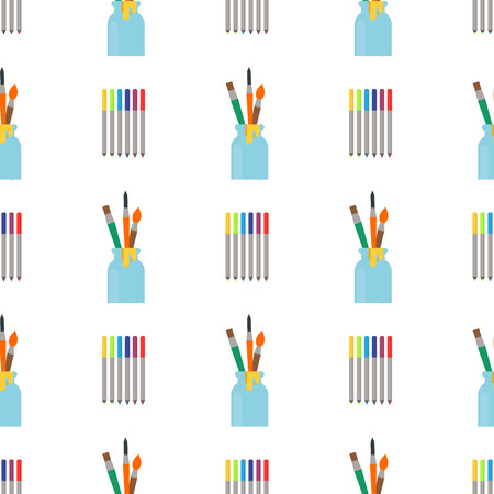 Painting art tools palette seamless pattern flat vector illustration stationery creative paint background.のイラスト素材