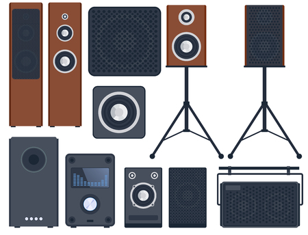 Home sound system stereo flat vector music loudspeakers player subwoofer equipment technology.のイラスト素材