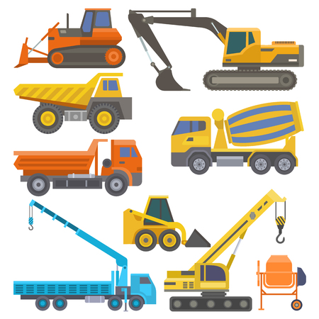Construction equipment and machinery with trucks crane bulldozer flat yellow transport vector illustrationのイラスト素材