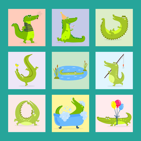 Cartoon green crocodile funny predator australian wildlife river reptile alligator flat vector illustration.のイラスト素材