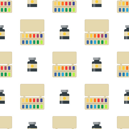 Painting art tools palette seamless pattern flat vector illustration stationery creative paint background.のイラスト素材