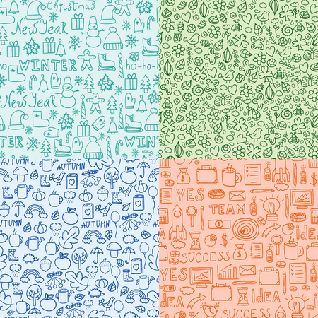 Cartoon doodles hand drawn style seamless pattern seasons design wallpaper vector illustration.のイラスト素材