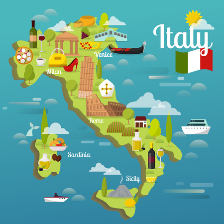 Colorful Italy travel map with attraction symbols italian sightseeing world architecture vector illustrationのイラスト素材