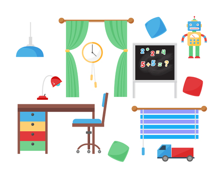 Comfortable cozy baby room decor children bedroom interior with furniture and toys vector.のイラスト素材