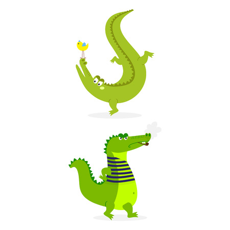 Cartoon green crocodile funny predator australian wildlife river reptile alligator flat vector illustration.のイラスト素材