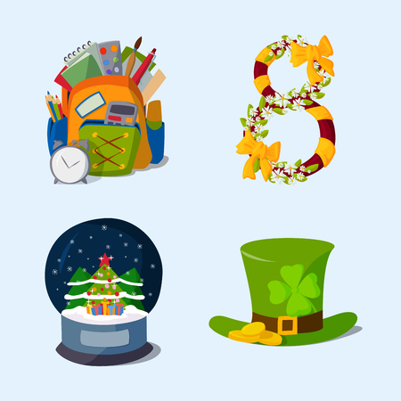Happy holidays different icons vector holidays symbols decoration traditional celebration gift badge.のイラスト素材