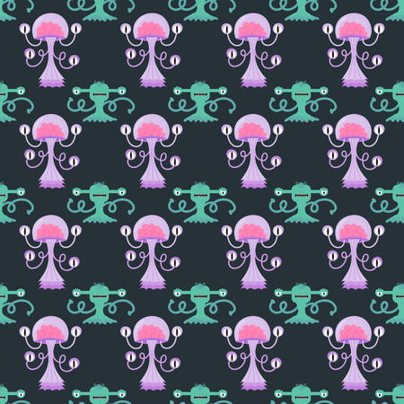 Funny cartoon monster seamless pattern cute alien character creature illustration colorful animal vector.のイラスト素材