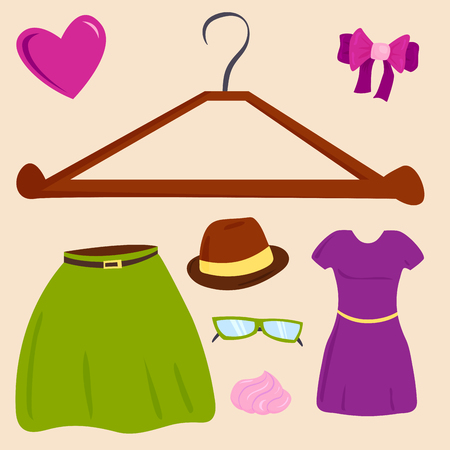 Vector summer girl clothing and accessories isolated shopping items and beautiful cosmetic or makeup.のイラスト素材