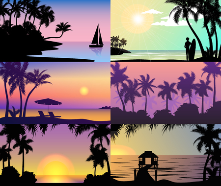 Summer night time sunset vacation nature tropical palm trees silhouette beach landscape of paradise island holidays vector illustration.のイラスト素材