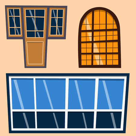 Different types house windows elements flat style frames construction decoration apartment vector illustration.のイラスト素材