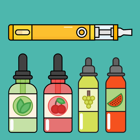 Vape device vector set cigarette vaporizer vapor juice bottle flavor illustration battery coil.のイラスト素材