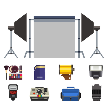 Camera photo optic lenses set different types objective retro photography equipment professional look vector illustrationのイラスト素材