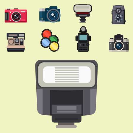 Camera photo optic lenses set different types objective retro photography equipment professional look vector illustration. Digital vintage technology electronic aperture device.のイラスト素材