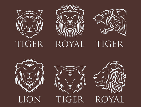 Tiger head logo with beautiful animal. Vector hand drawn royal lion face illustration. Ancient guard ornate relief sculpture. Strength predator power wildcat.のイラスト素材