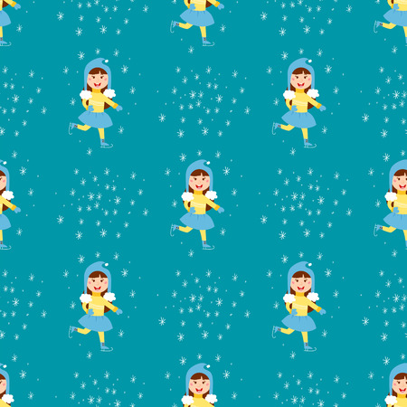 Christmas kids playing winter games children seamless pattern ice-skating cartoon new year winter holidays vector characters illustration.のイラスト素材