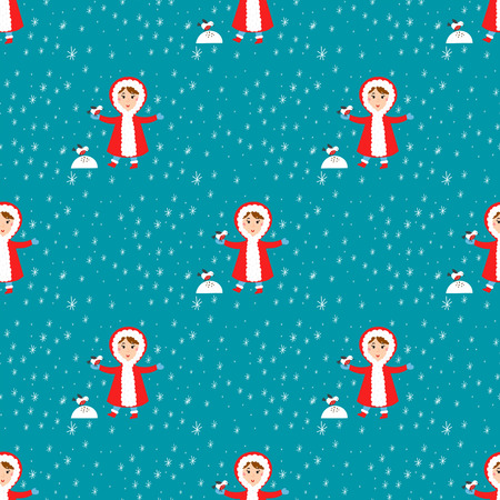 Christmas kids playing winter games seamless pattern makes snow man children playing snowballs. Cartoon New Year winter holidays vector characters illustration.のイラスト素材