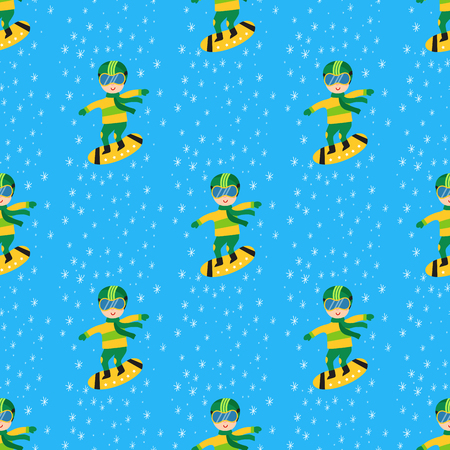 Christmas kids playing winter games children seamless pattern snowboarding cartoon snowboarder holidays vector characters illustration.のイラスト素材