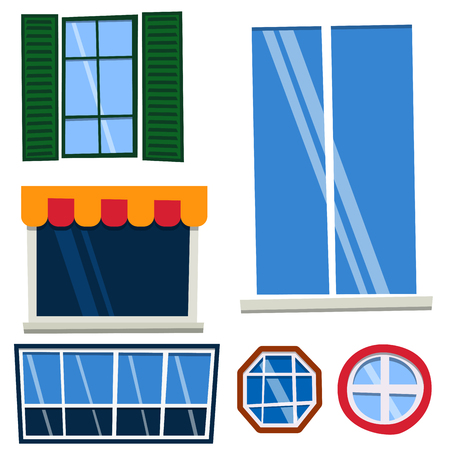 Different types house windows elements flat style frames construction decoration apartment vector illustration.のイラスト素材