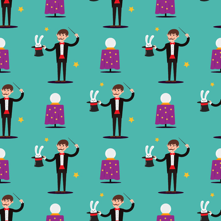 Magician prestidigitator illusionist character tricks seamless pattern vector illustration magic conjurer show cartoon manのイラスト素材