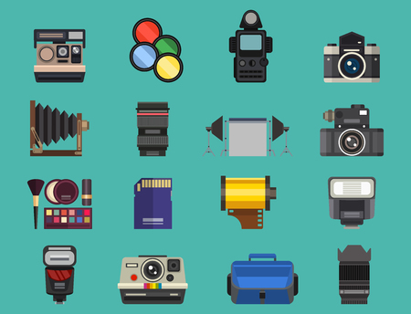 Camera photo optic lenses set different types objective retro photography equipment professional look vector illustrationのイラスト素材