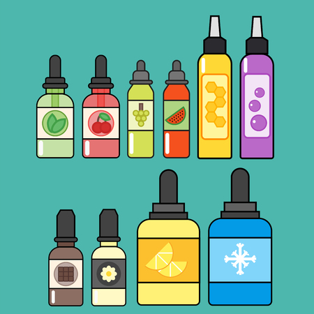 Vape device vector set cigarette vaporizer vapor juice bottle flavor illustration battery coil.のイラスト素材