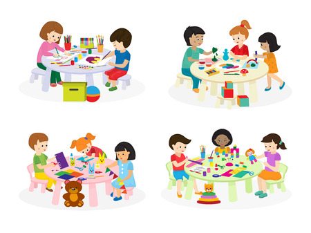 Group of children painting on paper at table in kindergarten paint lesson kids characters club house vector illustration.