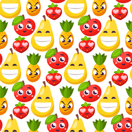 Cartoon emotions fruit characters natural food vector smile nature happy expression seamless pattern backgroundのイラスト素材