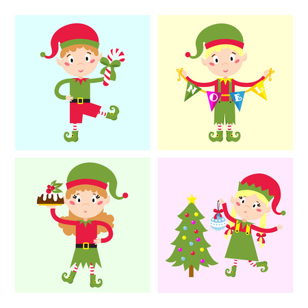 Santa Claus kids cartoon elf helpers vector illustration children elves characters traditional costume.のイラスト素材