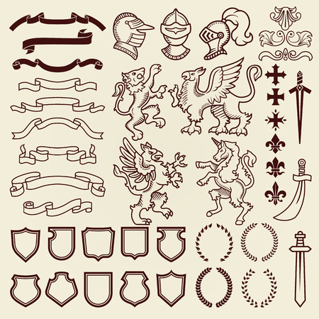 Heraldic design vintage retro shield clipart royal chest elements medieval knight ornament vector illustration.のイラスト素材