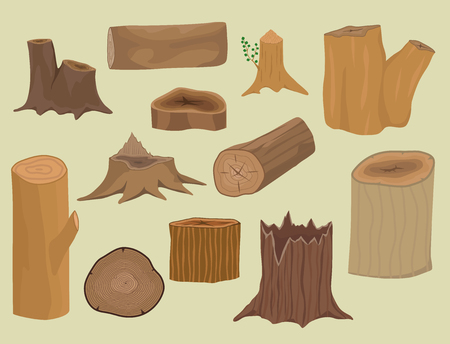 Stacked wood pine timber for construction building cut stump lumber tree bark materials vector setのイラスト素材
