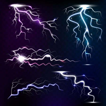 Lightning storm strike different shape realistic 3d light light effects vector illustration.のイラスト素材