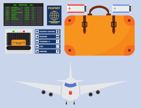 Aviation icons vector set airline graphic airplane airport transportation fly travel symbol illustration. Air transport boarding cargo departure.のイラスト素材