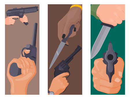 Hand firing with gun cards protection ammunition. Business startup concept criminal dangerous armed clip violence special revolver. Crime military police firearm hands vector.のイラスト素材