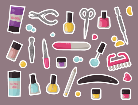 Manicure instruments set hygiene hand care pedicure salon tweezers fingernail. Fashion personal cosmetics equipment vector illustration.のイラスト素材