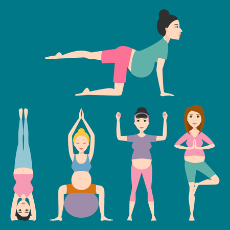 Pregnancy sport fitness people healthy character lifestyle concept woman yoga vector illustration.のイラスト素材