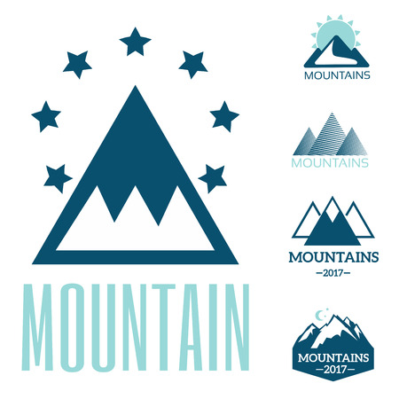 Vector set of mountain exploration vintage emblems and rock silhouette design elementsのイラスト素材