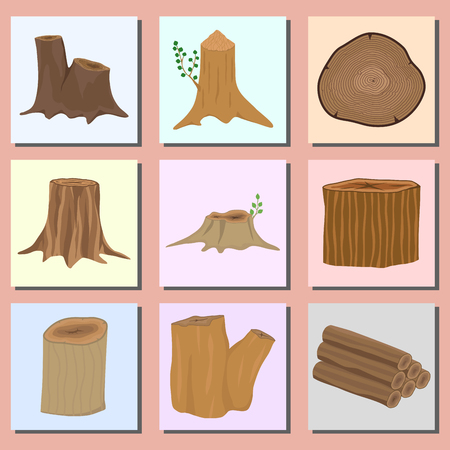 Stacked wood pine timber banner for construction building cut stump lumber tree bark materials vector setのイラスト素材