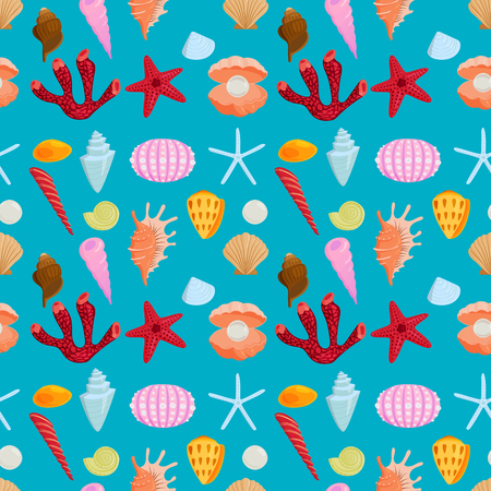 Sea shells marine cartoon clam-shell seamless pattern background ocean starfish coralline vector illustrationのイラスト素材