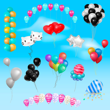 Different 3d realistic balloonss in air happy Birthday gift collection of colorful gel balls vector set illustrationのイラスト素材